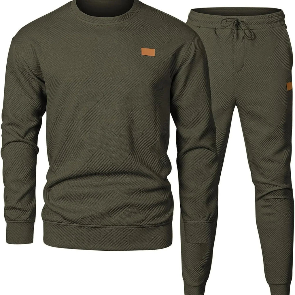 Men's round neck jacquard sweater set with long sleeve top and matching trousers in black
