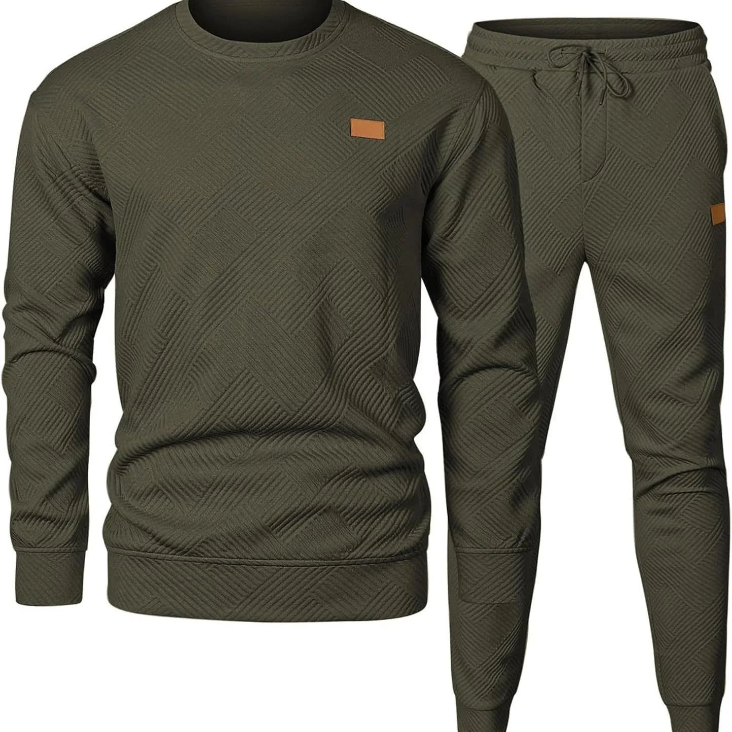 Men's round neck jacquard sweater set with long sleeve top and matching trousers in black