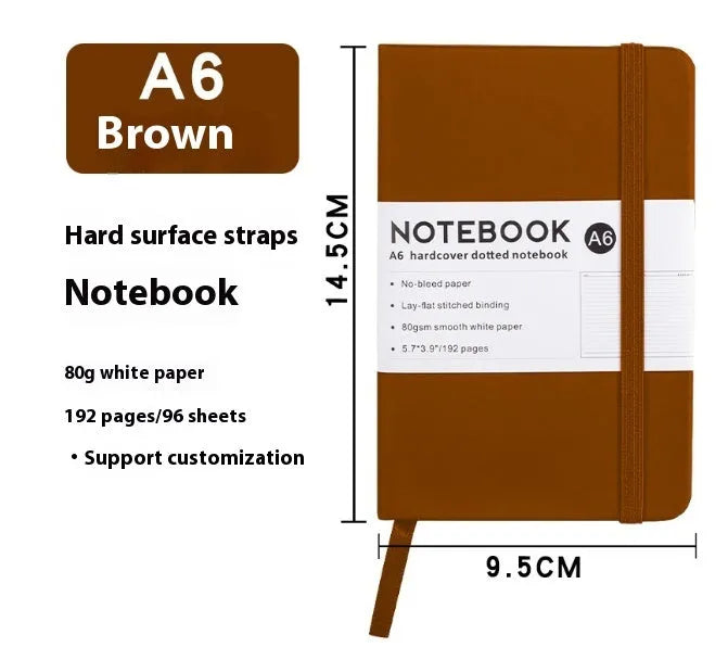 A5 soft touch PU leather notebook open on lined pages, shown in multiple colour options.
