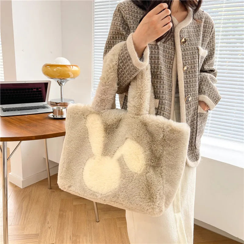 Plush shoulder bag with cartoon rabbit ears in solid colour with large capacity