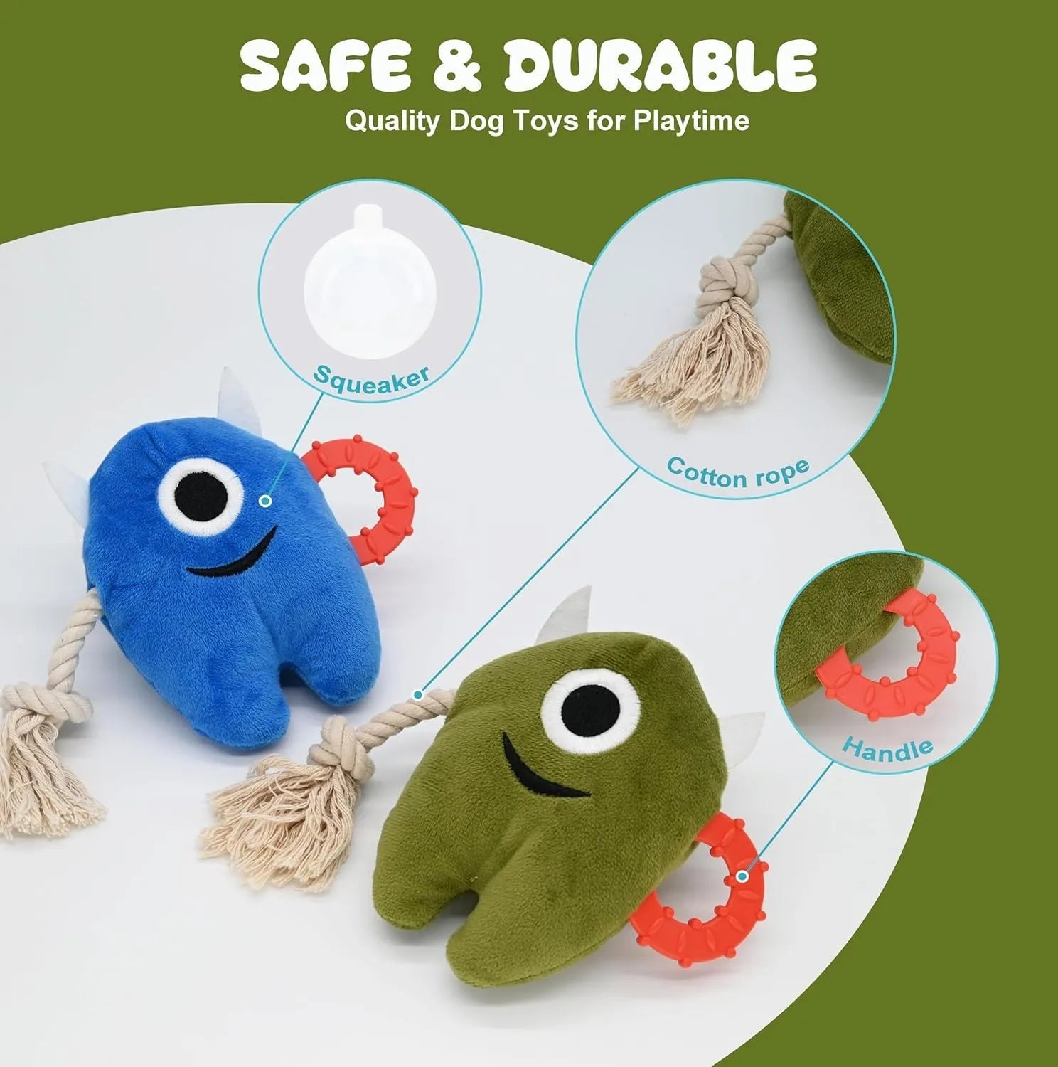 Blue and green monster plush dog toy with integrated cotton rope and squeaker.