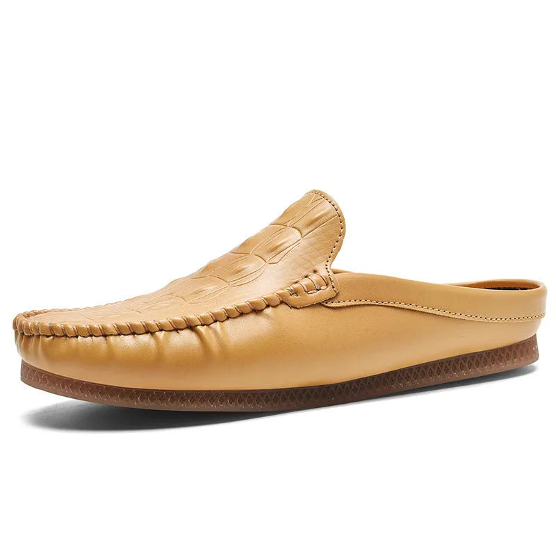 Men's black breathable gommino semi-slippers with a rubber sole and artificial PU upper.
