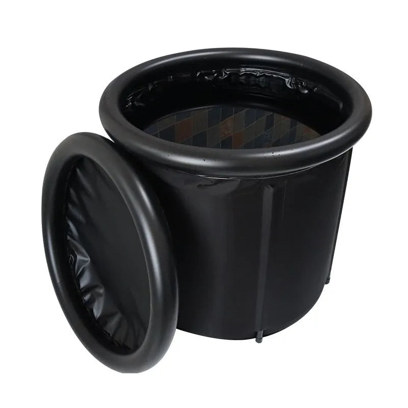 Black portable inflatable ice bath tub with weather lid showing 70x80cm dimensions for cold therapy recovery