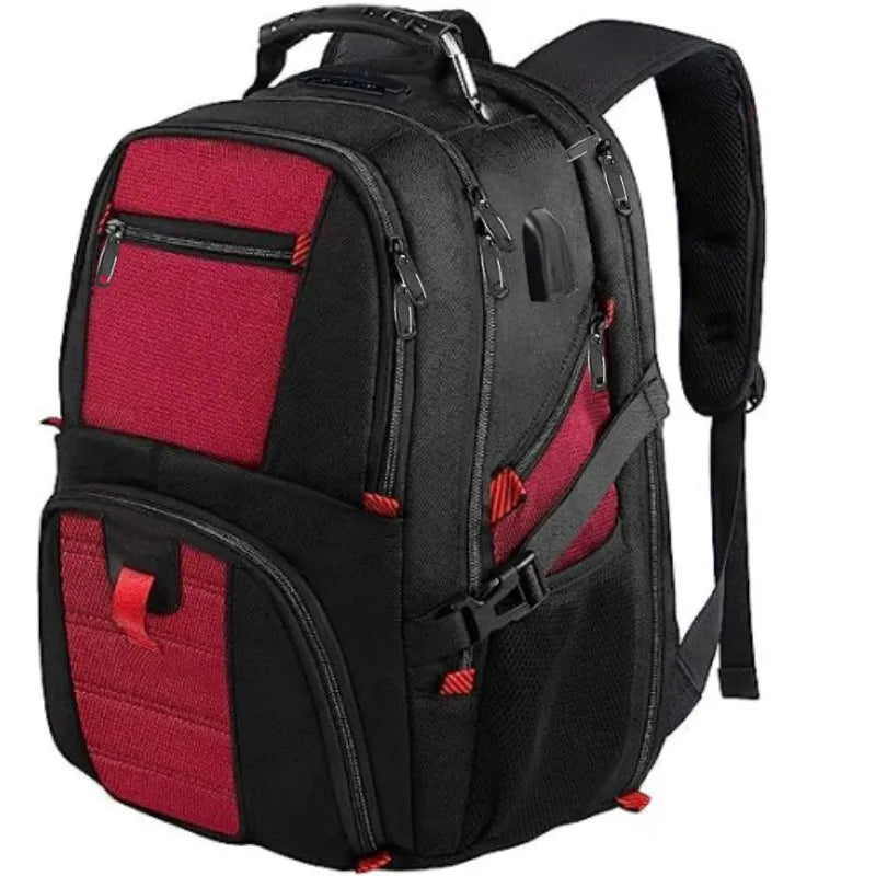 Large capacity waterproof Oxford cloth backpack in black, red, or sky blue with curved shoulder straps