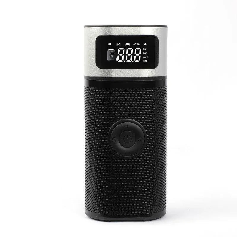 Black portable wireless smart vehicle air pump with USB cable and multiple inflation nozzles on a grey background.