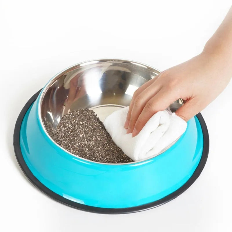 Stainless steel and colourful melamine pet bowl with non-slip rubber ring base in pink, green, red, blue, orange, yellow.