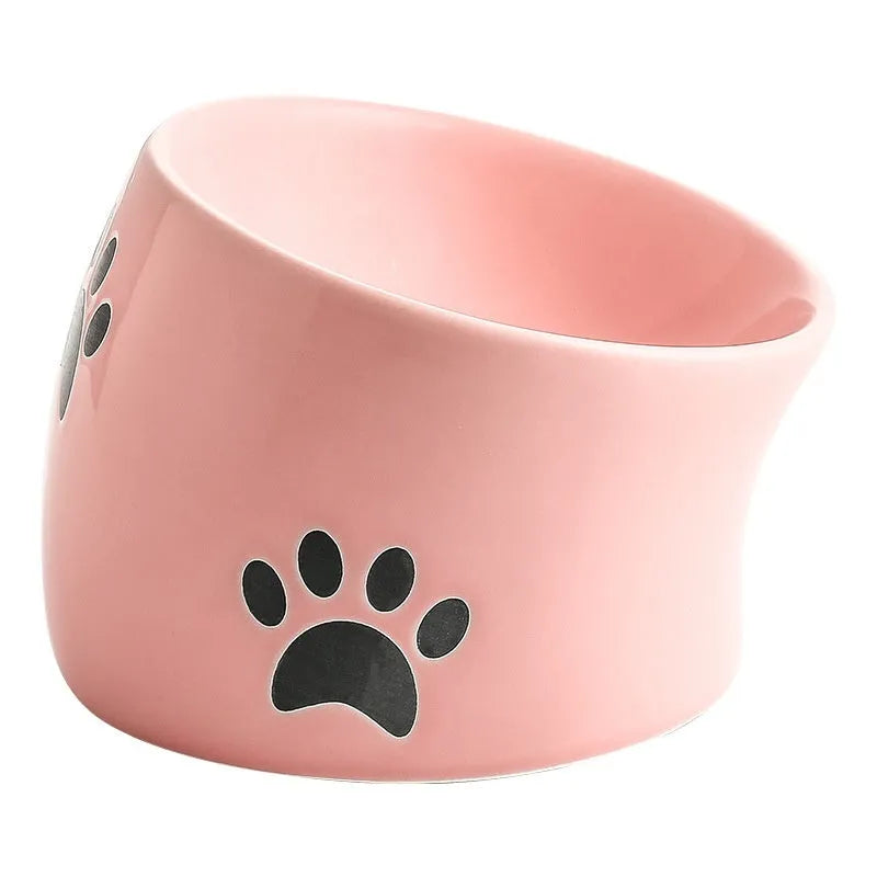 Ceramic cat paw design pet bowl with high-foot base in slanted mouth style
