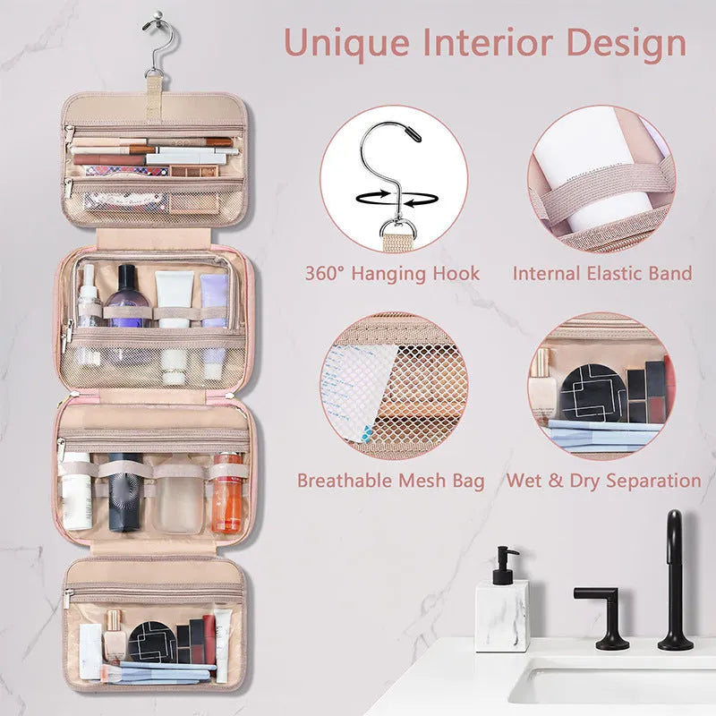 Pink and black waterproof hanging cosmetic storage bag with dimensions 30.5cm by 11cm by 22.9cm