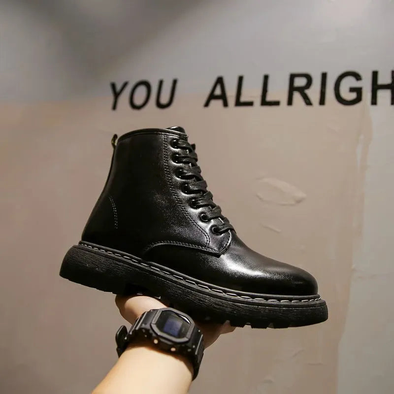 Men's black platform Doc Martens-style boots with zip and 8-hole laces on frosted cowhide.