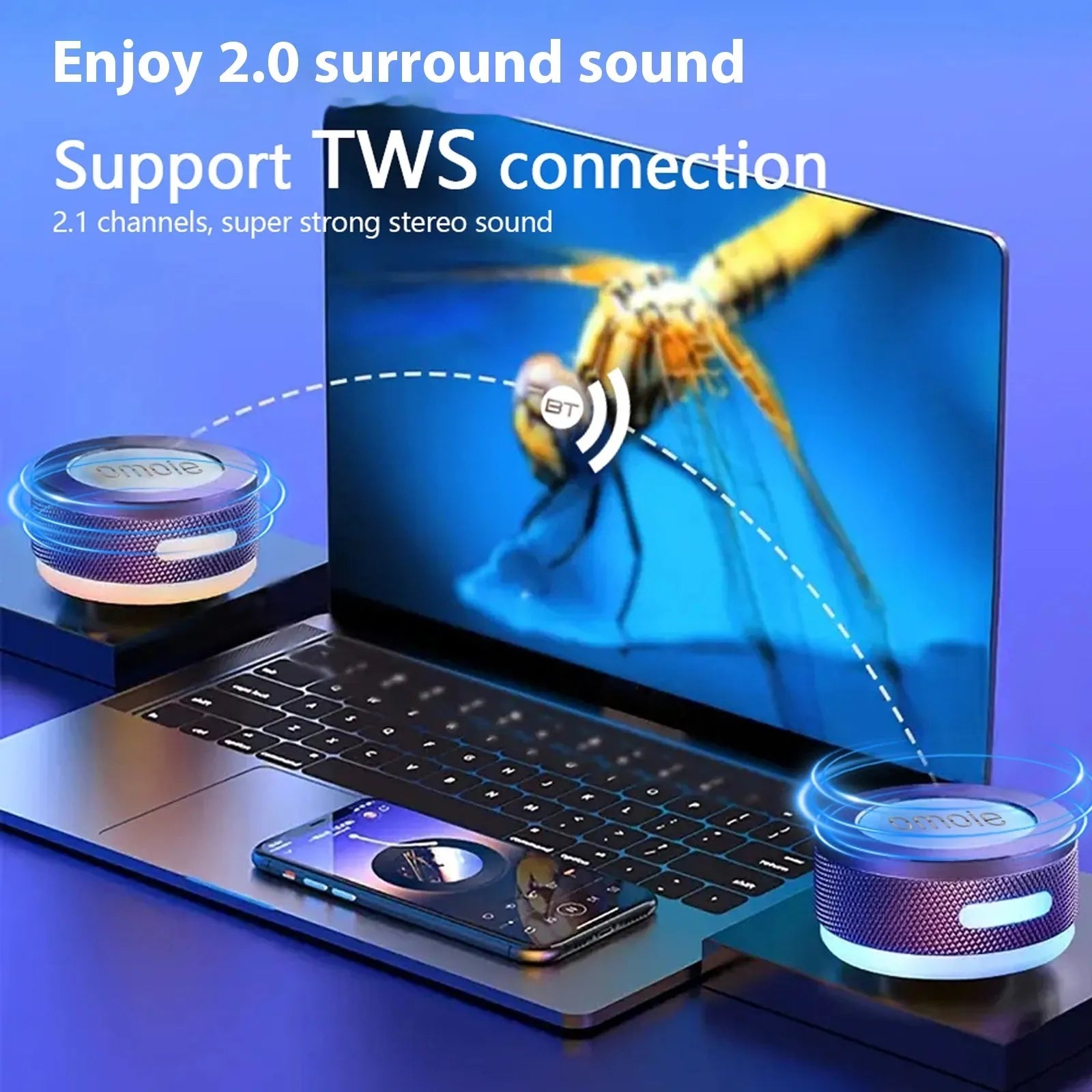 Small wireless bone conduction speaker with magnetic suction box and colour LED light in blue