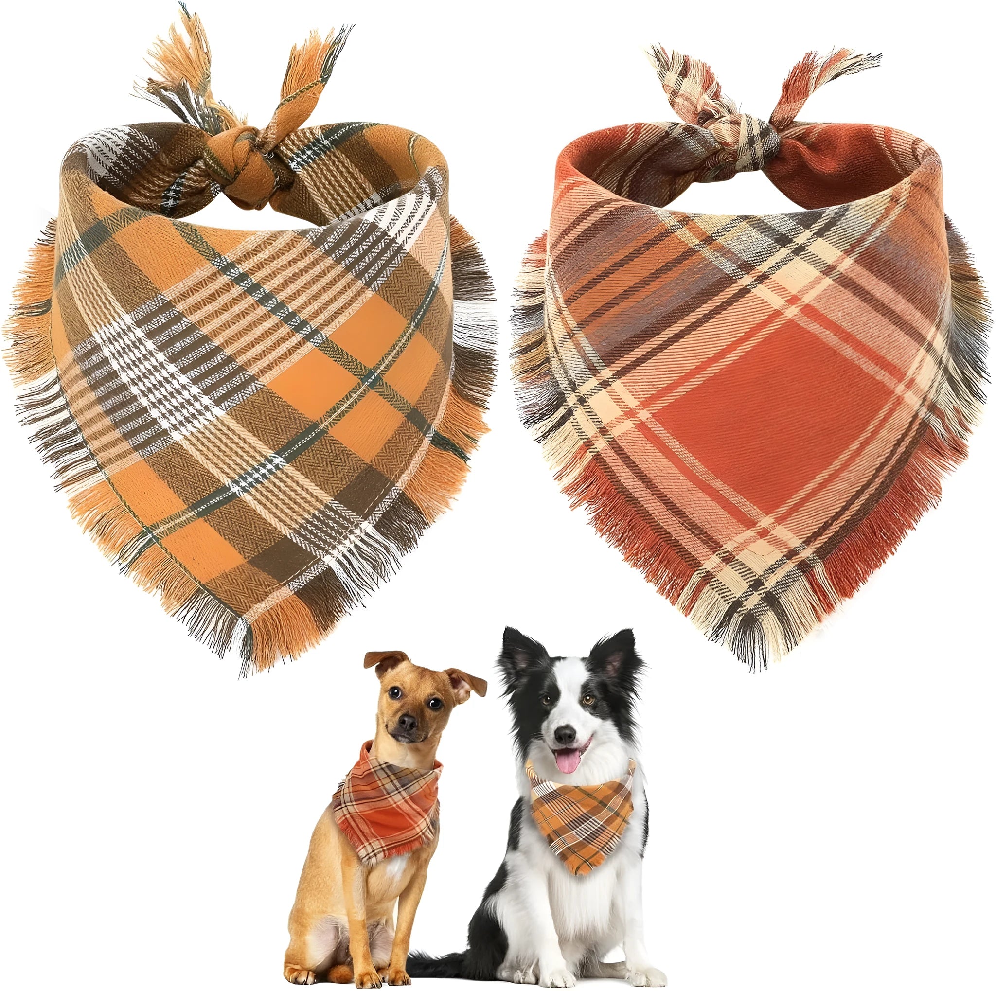 Autumn plaid dog bandana with tassel edges in seasonal colours