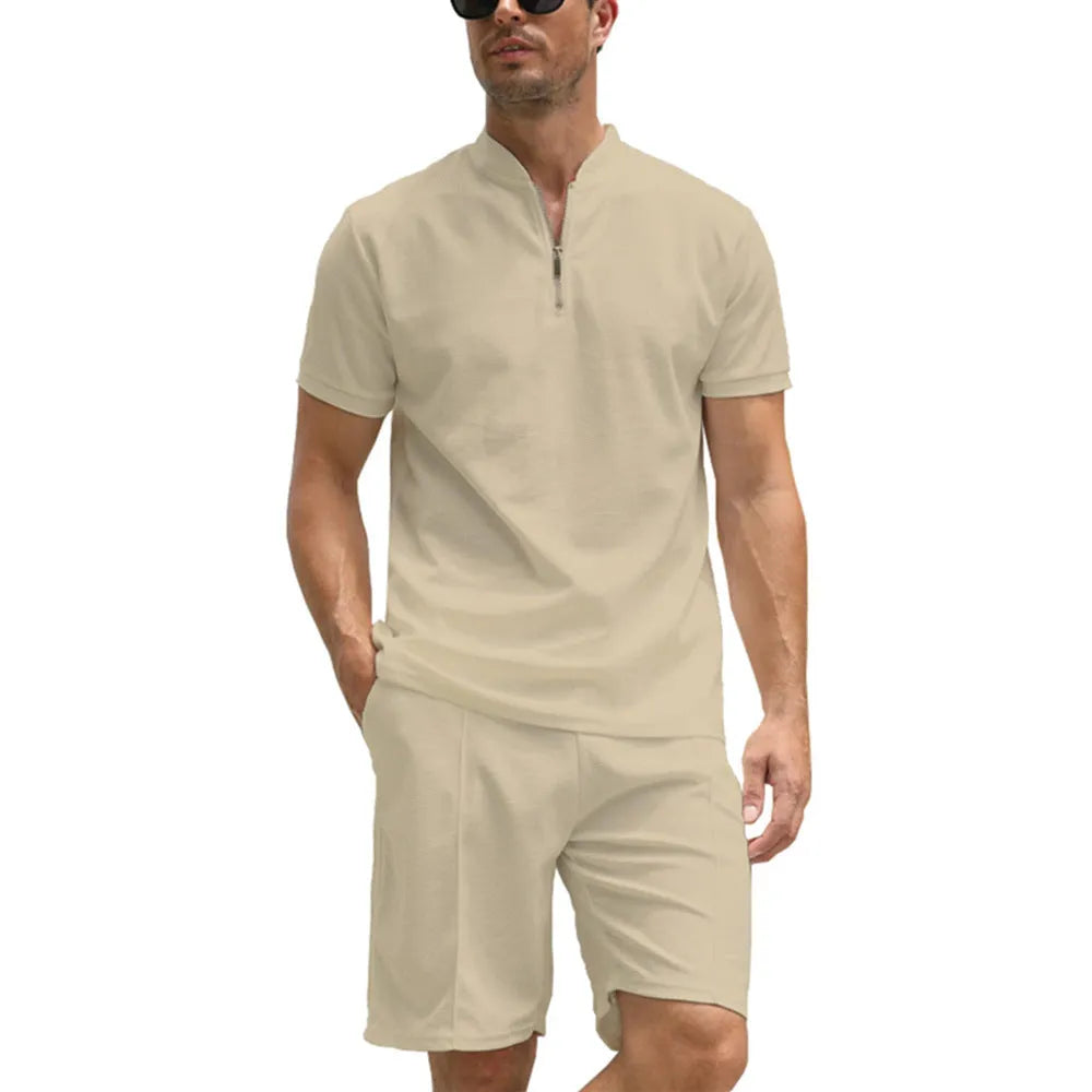 Men's solid colour polo shirt and shorts two-piece set in beaded bird's eye polyester fabric