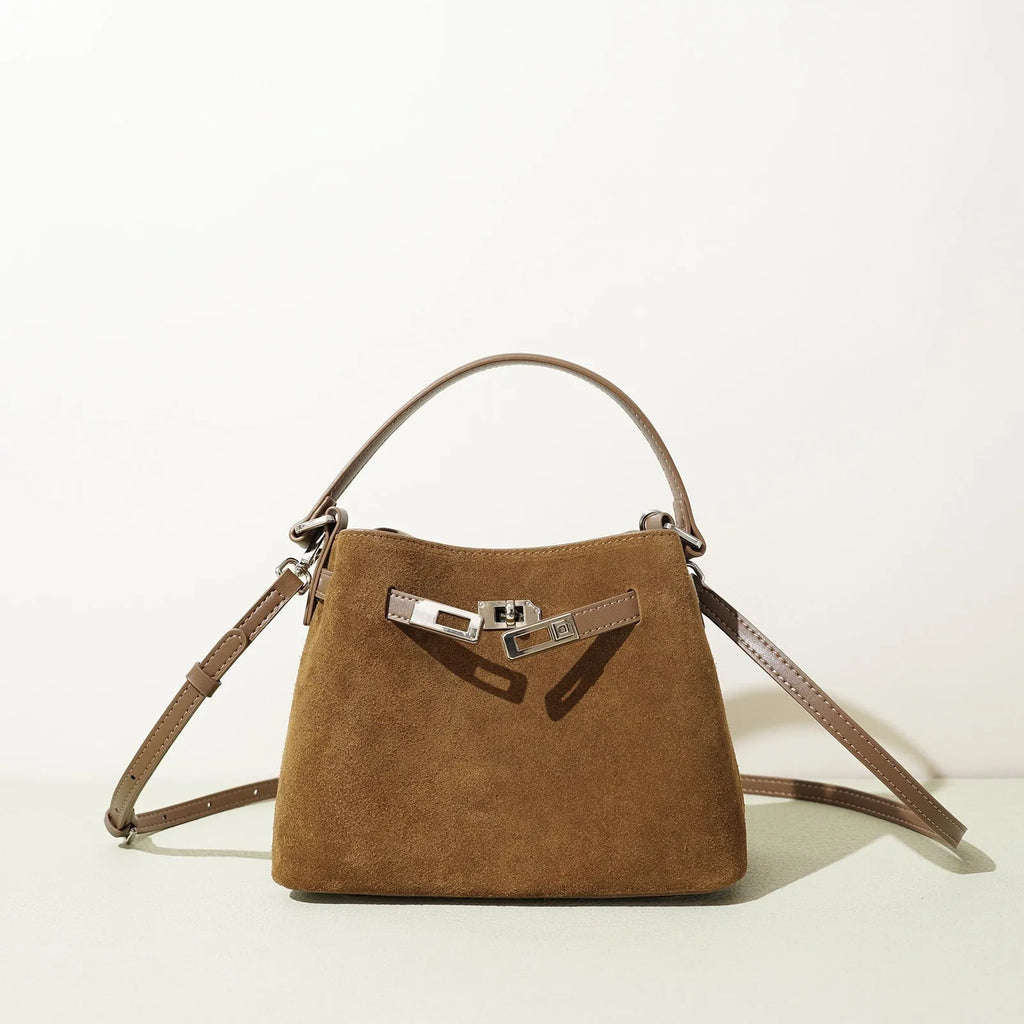 Cortical women's genuine leather crossbody bag with suede splice, vertical square shape, in brown solid colour