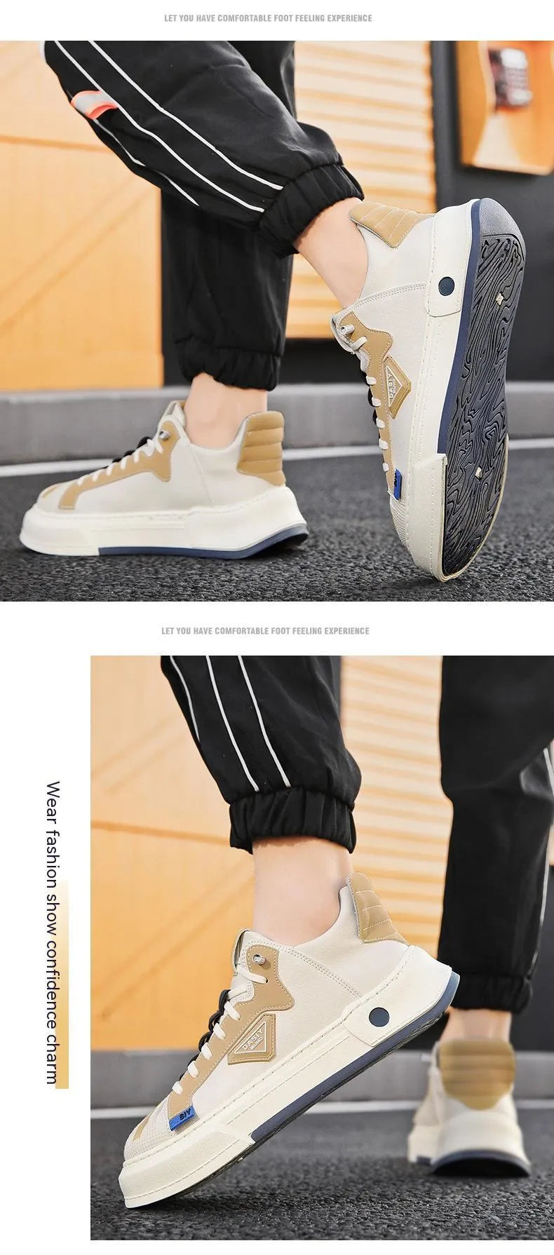 Men's beige low-top sneakers with elastic band and leather stitching on microfiber upper.