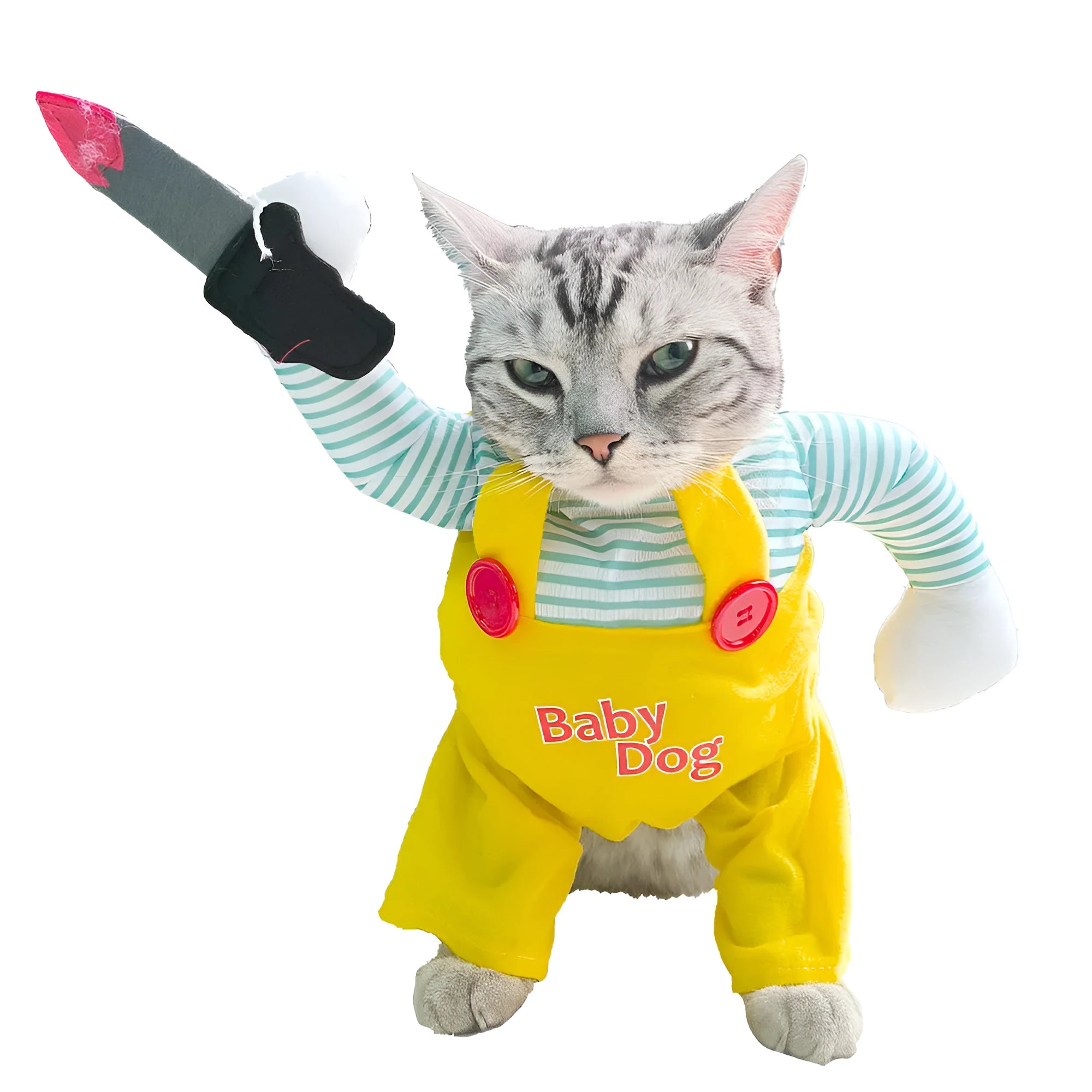Yellow knife assassin design cat costume in polyester fabric on feline model