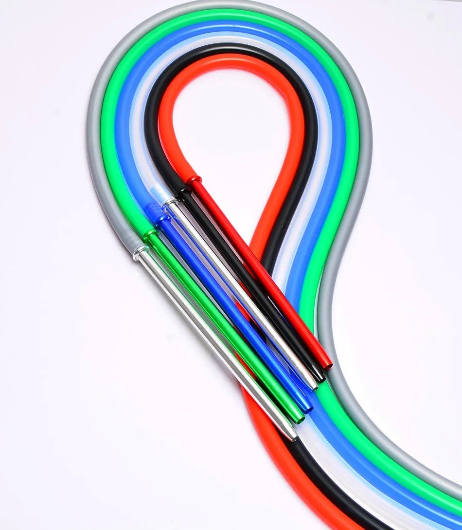 Silicone hookah hose with aluminium fittings in multiple colour options including red, blue, green, black, silver grey, and clear.