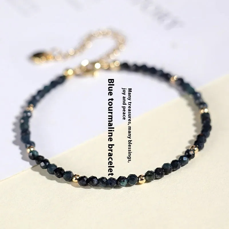 Blue tourmaline bracelet with 3mm beads and spacer design for women