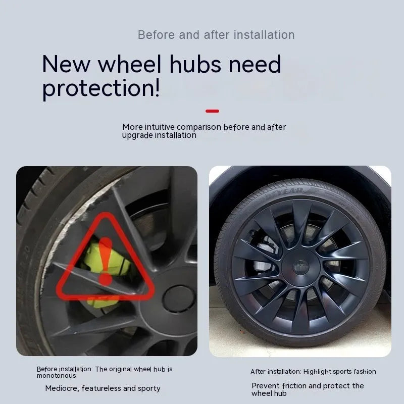 Set of four plastic wheel hub covers for a Tesla Model Y in a carbon fibre pattern finish.