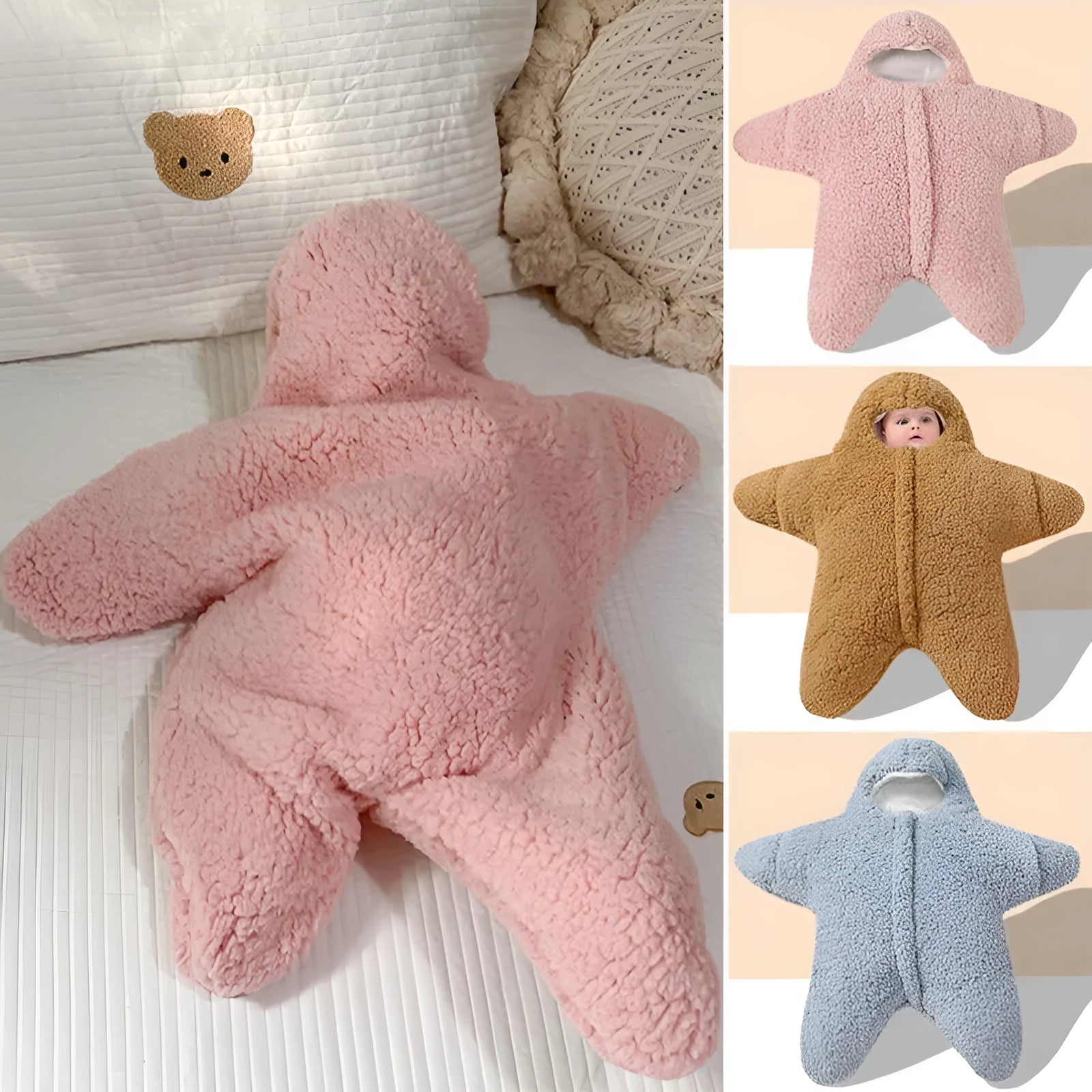 Lambskin velvet baby sleeping bag with hood and zipper in pink colour for newborn winter travel