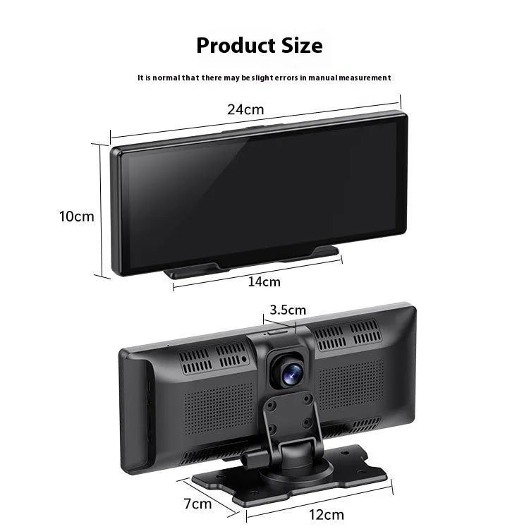 10-inch car smart screen and driving recorder unit with rear camera on dashboard.