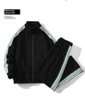 Men's cotton straight striped sports suit in khaki with long sleeve top and cropped pants