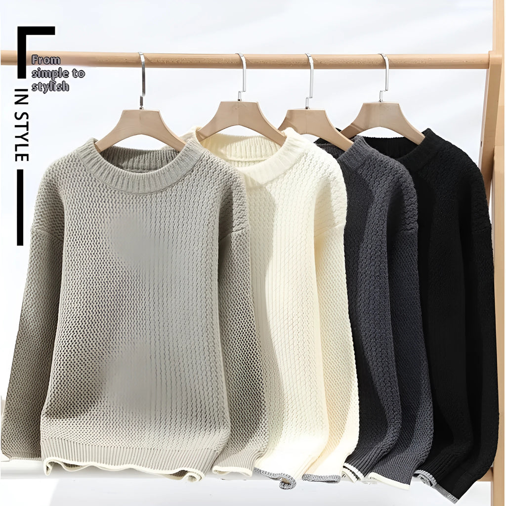 Men's casual round neck pullover sweater in loose fitting design with long sleeves