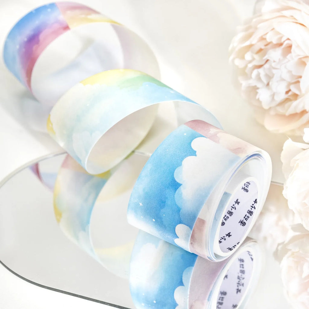 Set of six rolls of Japanese paper sky theme decorative washi tape in various colour designs.