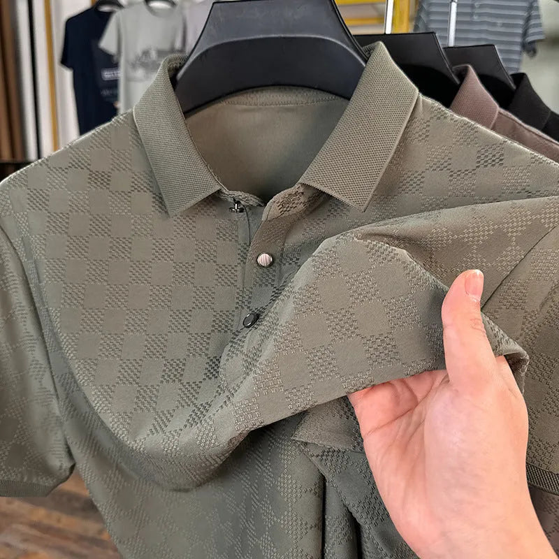 Rhombus brand thin ice silk short sleeve t-shirt with a slit design detail, shown in black.
