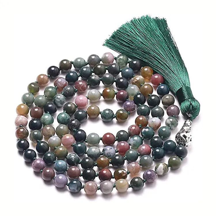 Colourful agate and gemstone tassel necklace with geometry pendant on adjustable 95-100cm chain.