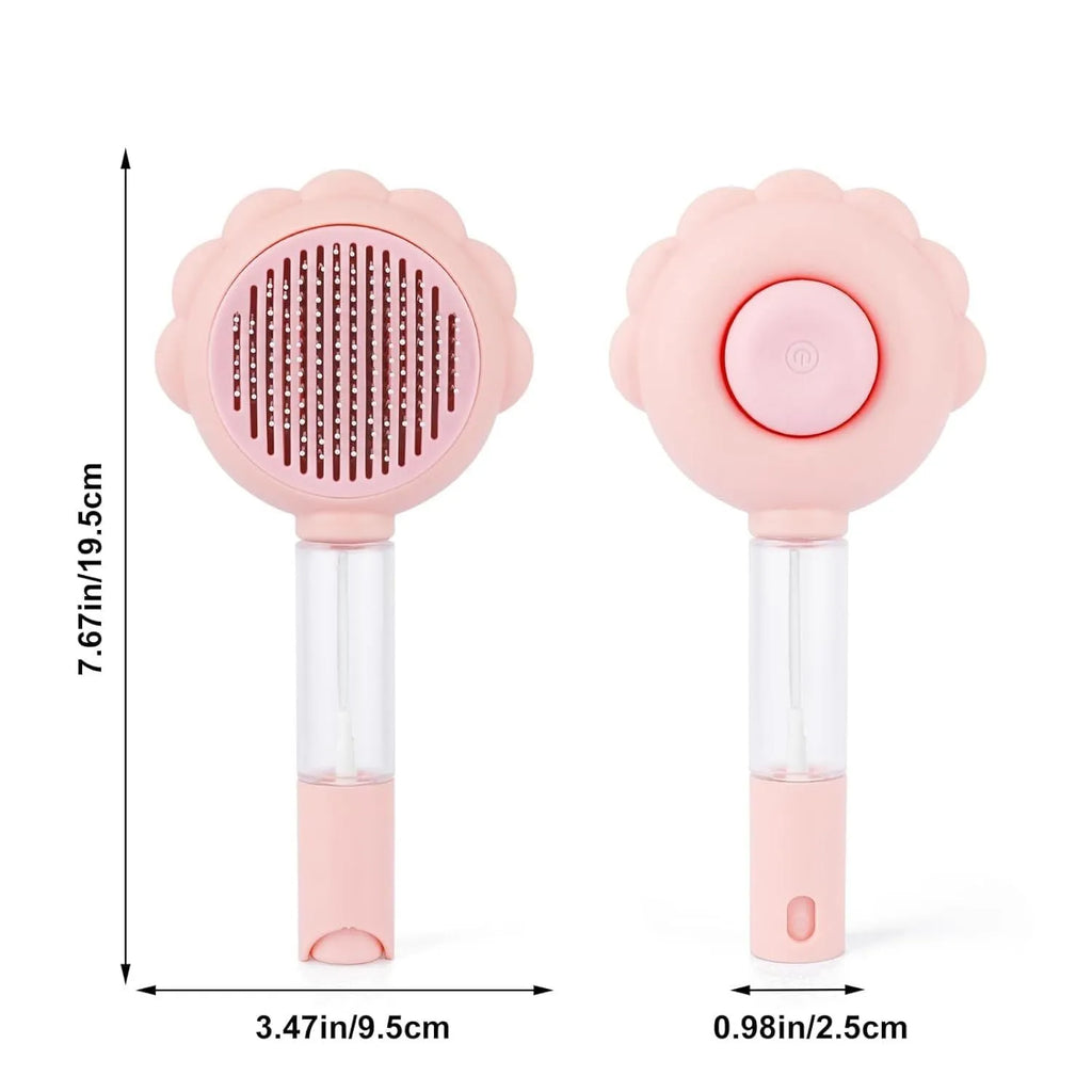 Self-cleaning spray cat brush with release button in grey, green, or pink colours for pet grooming