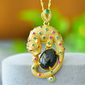 Natural Hetian gray jade pendant with copper inlay detailing on minimalist necklace