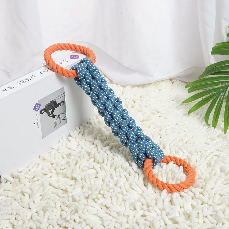 Blue double-ring cotton dog chew toy with braided bone rope centre, shown at 37 cm length
