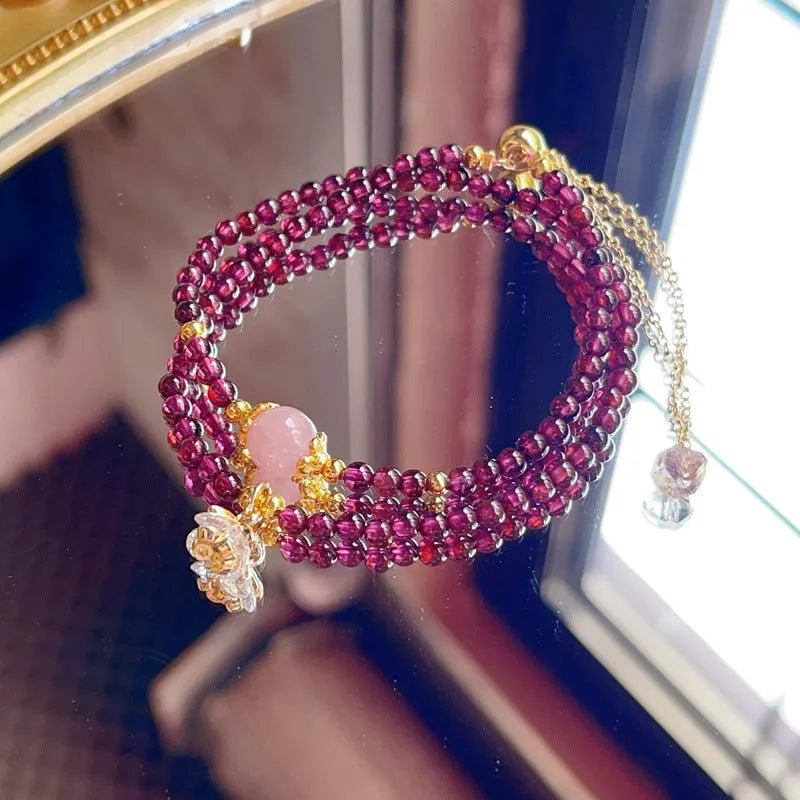 Natural garnet double ring bracelet for women with adjustable design