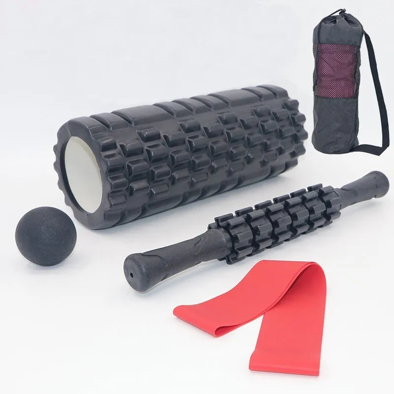 Black six-piece foam roller massage bar with gear design measuring 33cm length