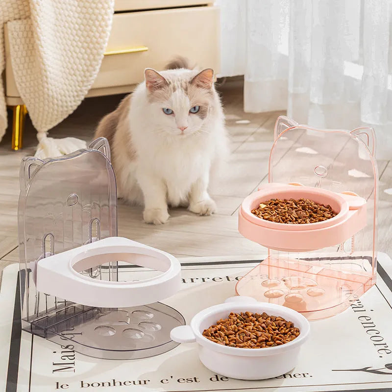 Grey adjustable height cat bowl with fixed anti-spill collar for neck protection