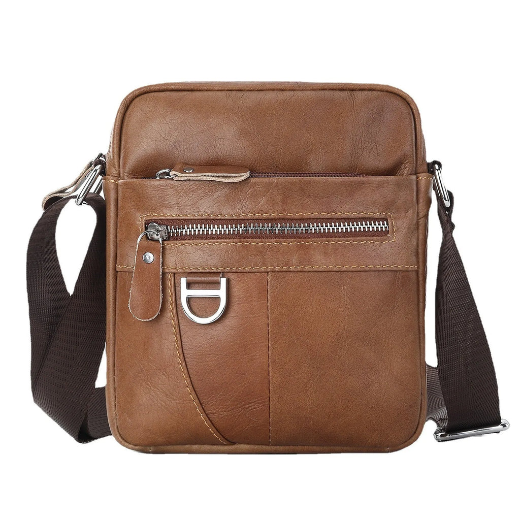 Brown retro style crossbody leather messenger bag shown from the front.