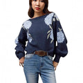 Sapphire Blue women's pullover with flower jacquard pattern, loose casual style with regular sleeves