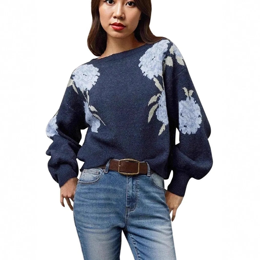 Sapphire Blue women's pullover with flower jacquard pattern, loose casual style with regular sleeves