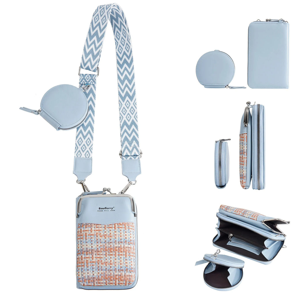 Women's crossbody mini satchel phone bag in six colour options showing adjustable strap and square shape