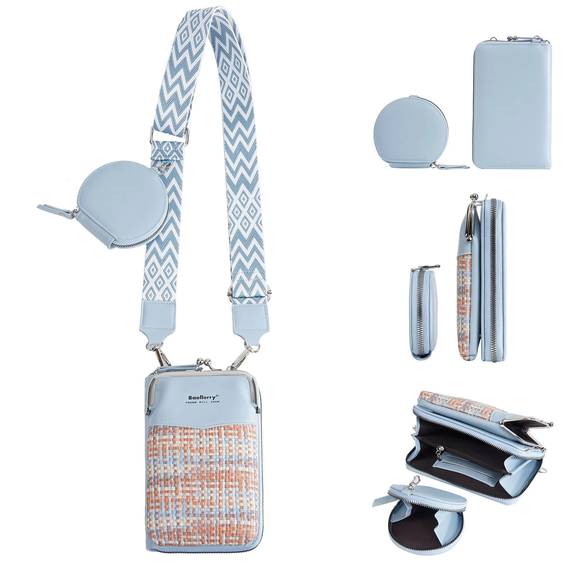 Women's crossbody mini satchel phone bag in six colour options showing adjustable strap and square shape