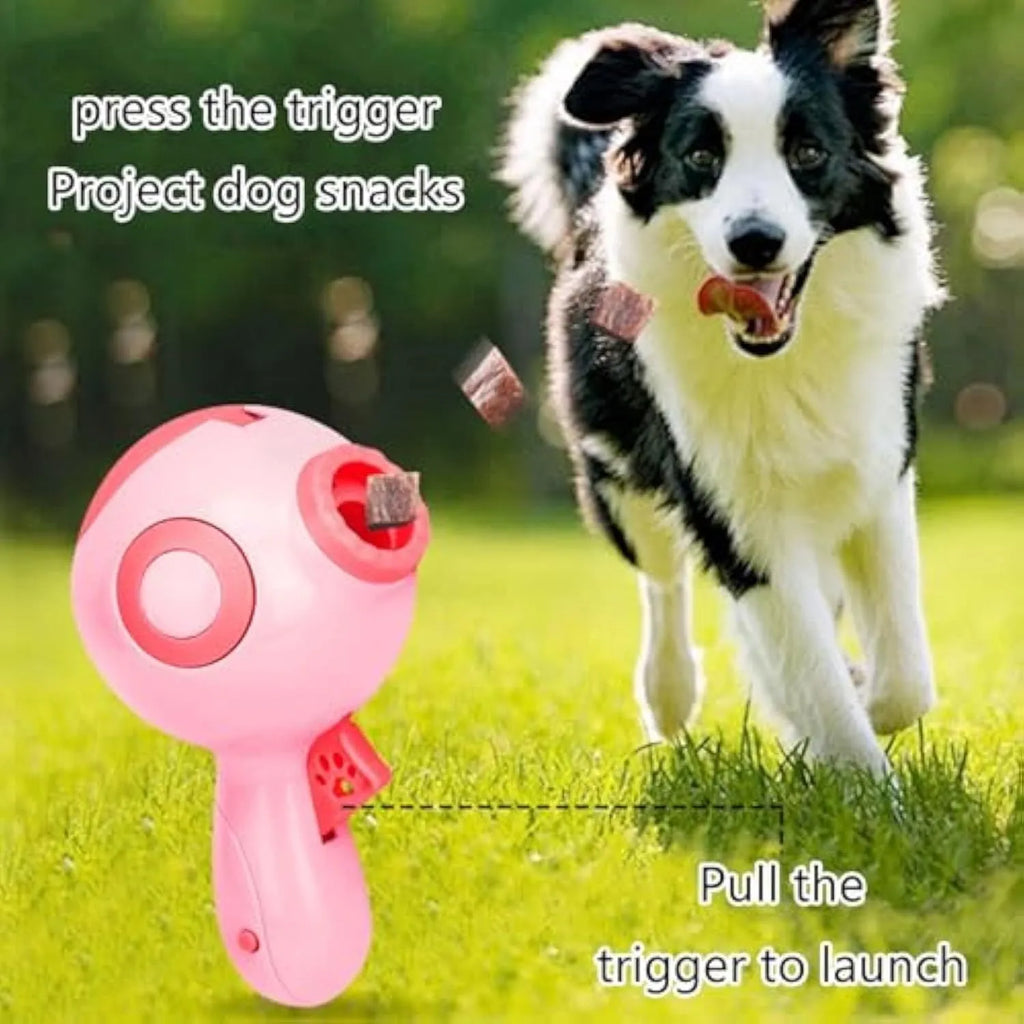 Green dog treat launcher toy with food dispenser mechanism for interactive pet play
