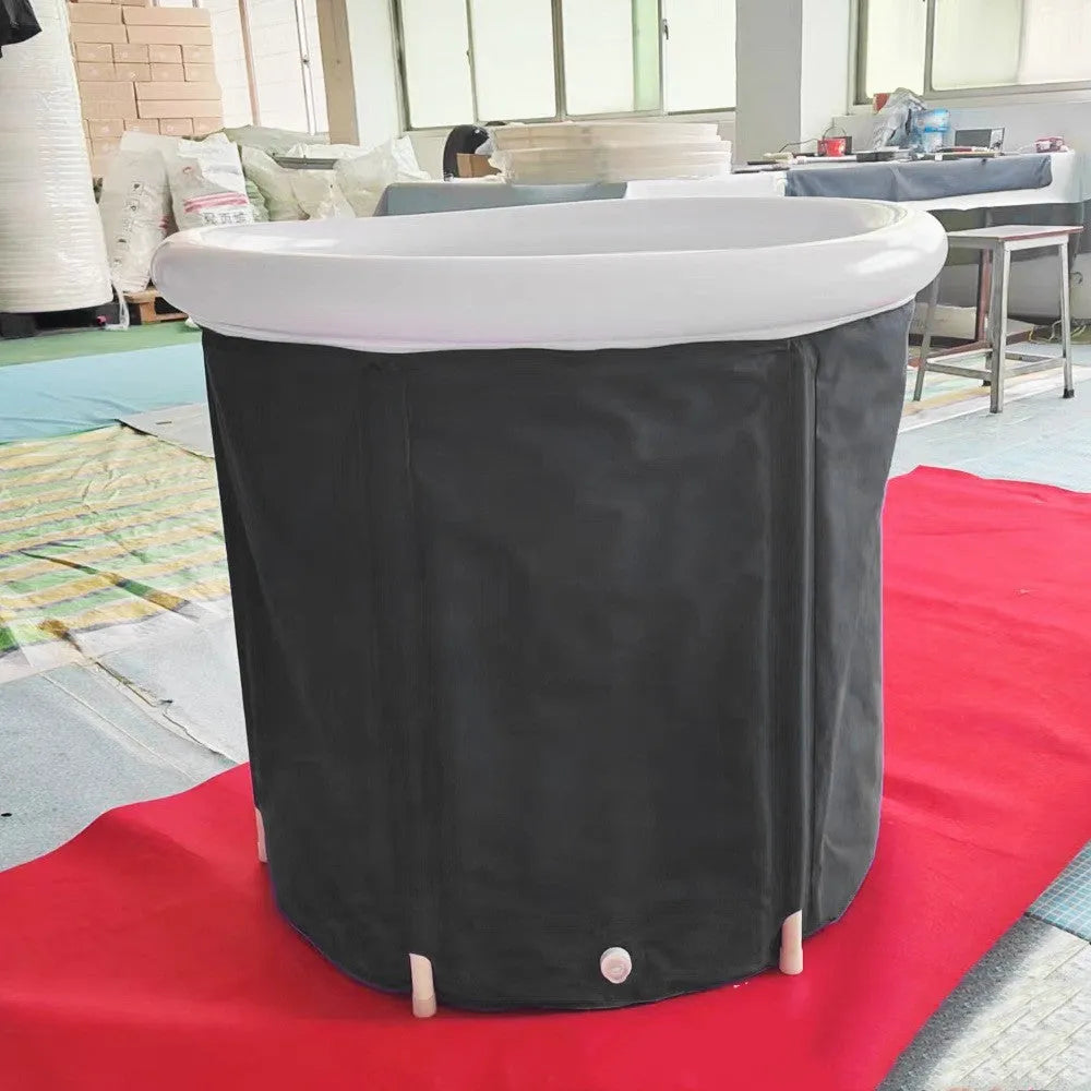 Black portable inflatable ice bath tub with weather lid showing 70x80cm dimensions for cold therapy recovery