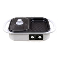 White or green household electric hot pot with mechanical controls, shown with dimensions.