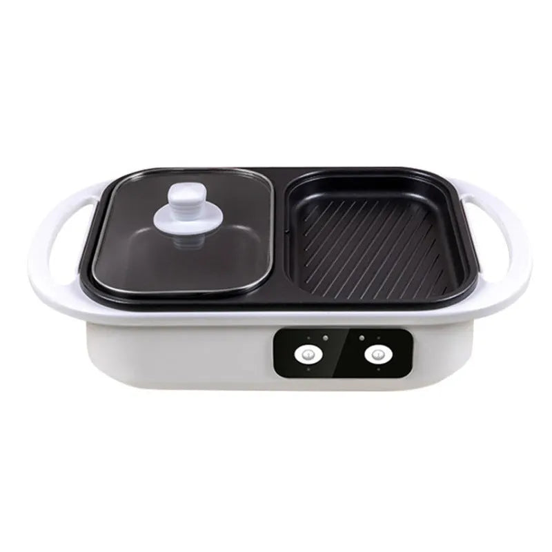 White or green household electric hot pot with mechanical controls, shown with dimensions.