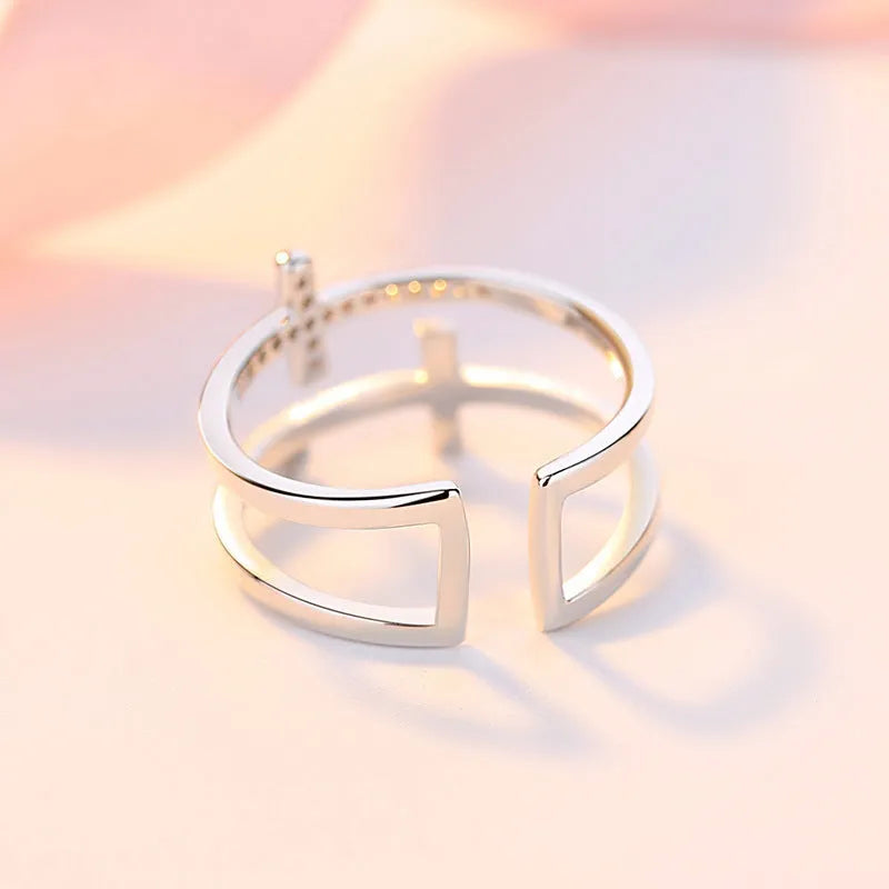 Women's adjustable double cross ring with miniature zircon stone in gold plating
