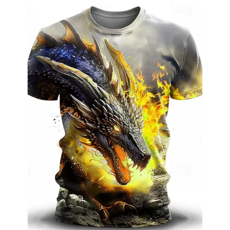 Men's grey T-shirt with a detailed 3D wind dragon graphic on the chest, short sleeves, thin milk silk fabric.