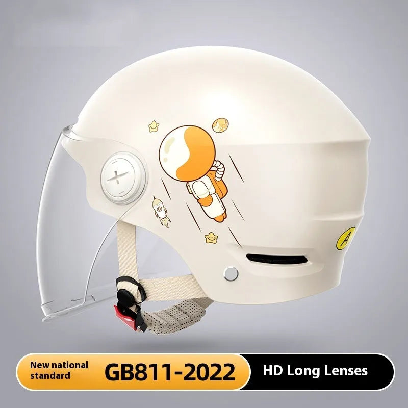 Electric motorcycle safety half helmet in khaki colour with mirrored lens showing free size adult fit