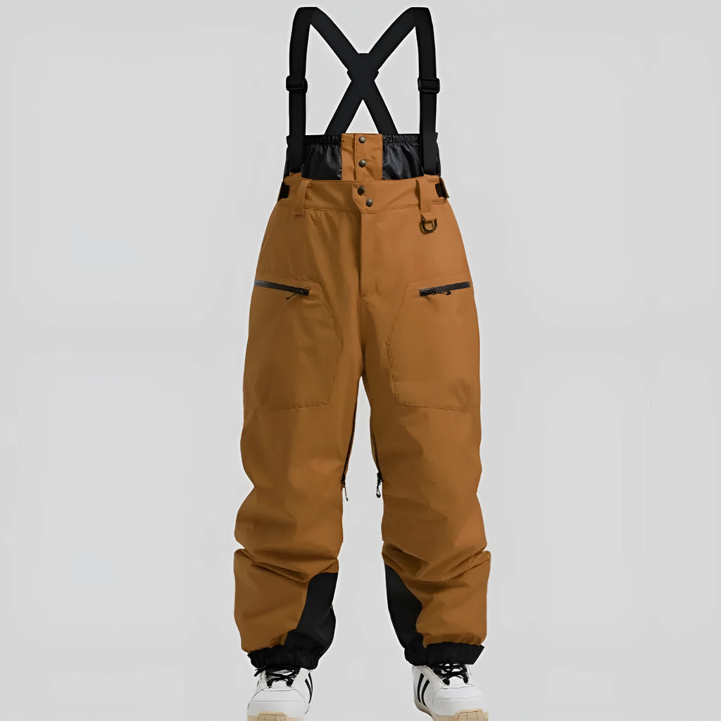 Men's black linen waterproof ski trousers with an adjustable thickened strap laid flat.