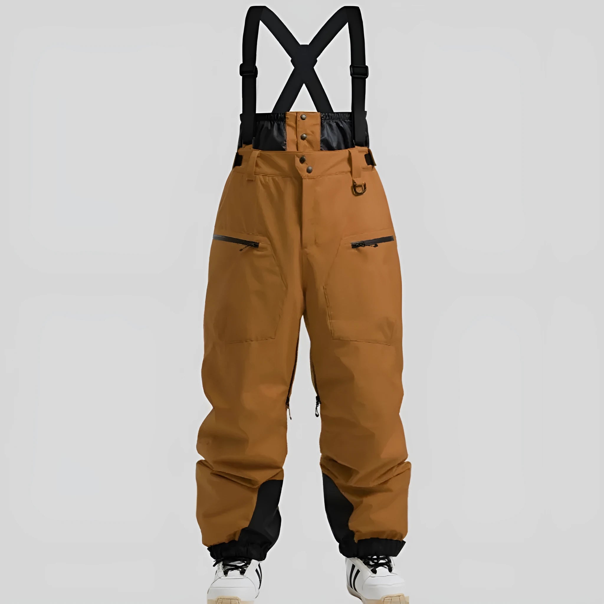 Men's black linen waterproof ski trousers with an adjustable thickened strap laid flat.