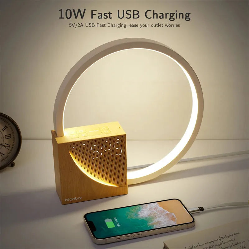 Touch-control bedside lamp with digital alarm clock display and wooden finish